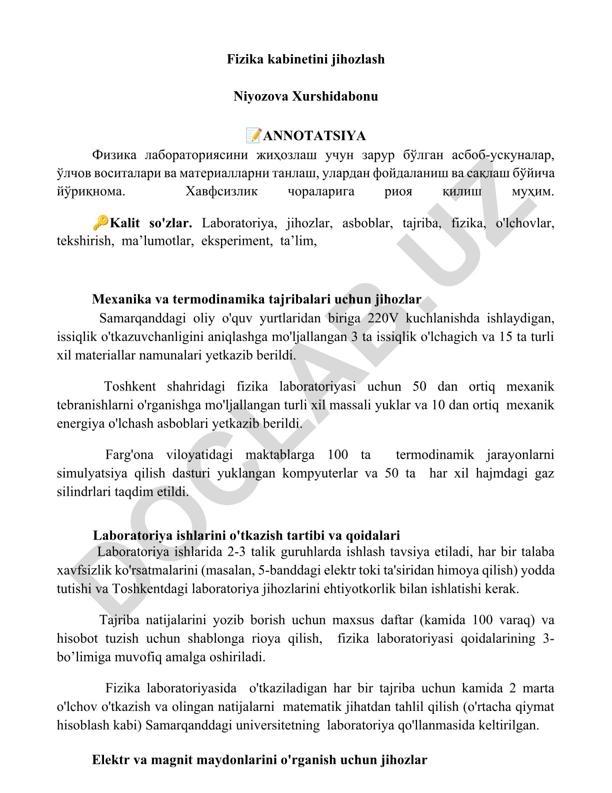Fizika laboratoriyasi jihozlari va ishlash tartibi