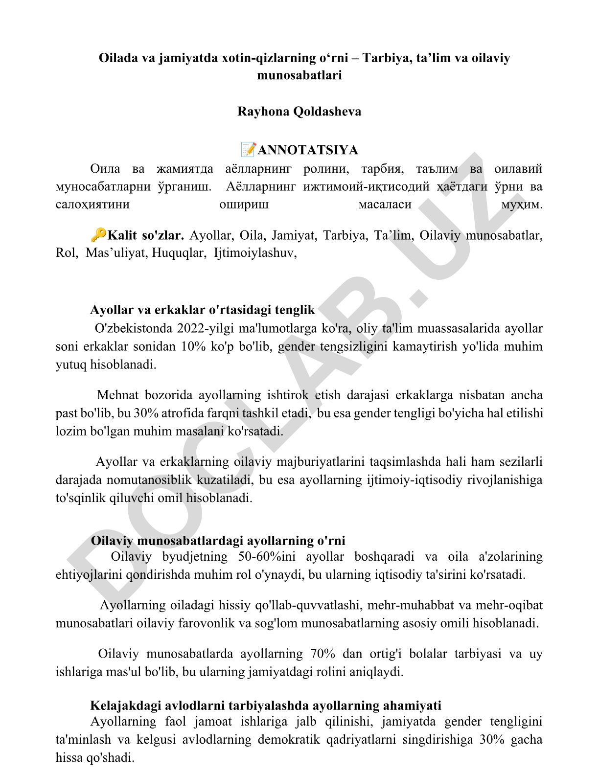 Oilada va jamiyatda xotin-qizlarning o‘rni – Tarbiya, ta’lim va oilaviy munosabatlari
