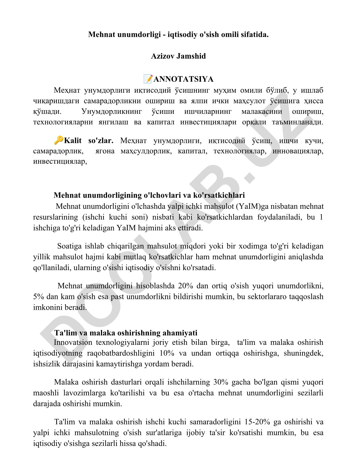 Mehnat unumdorligi - iqtisodiy o'sish omili sifatida
