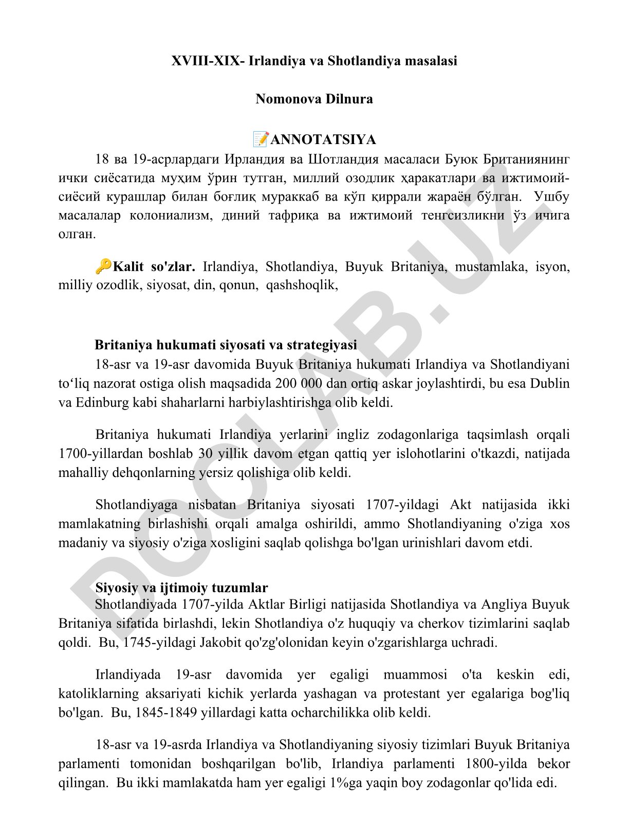XVIII-XIX asrlarda Irlandiya va Shotlandiya masalasi