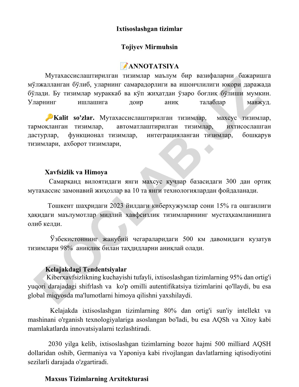 Mutaxassislashtirilgan tizimlar va ularning xavfsizligi