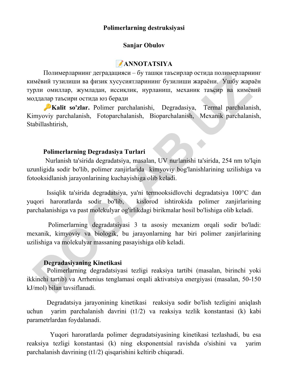 Polimerlarning destruksiyasi