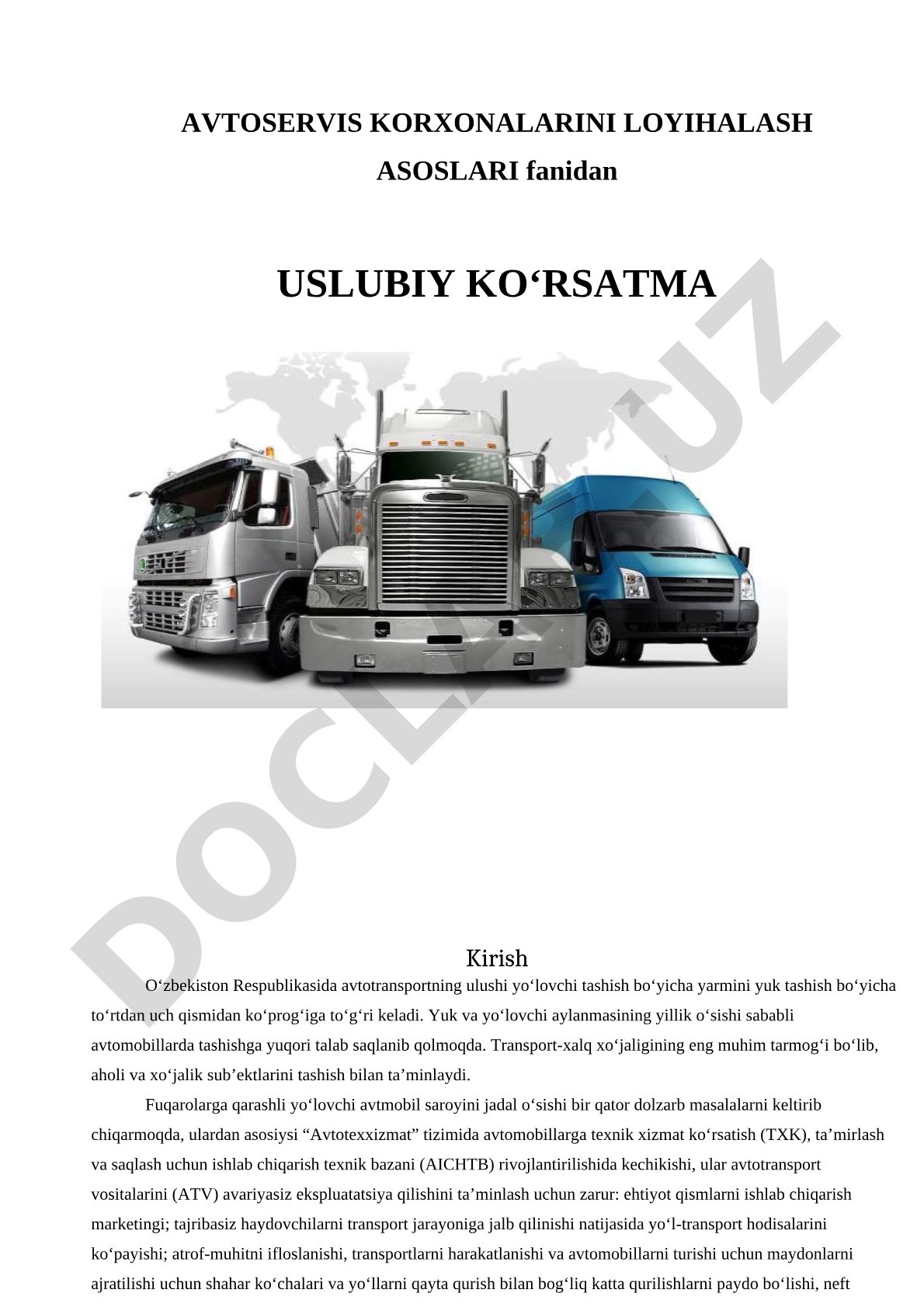 Avtoservis korxonalarini loyihalash asoslari fanidan uslubiy ko'rsatma