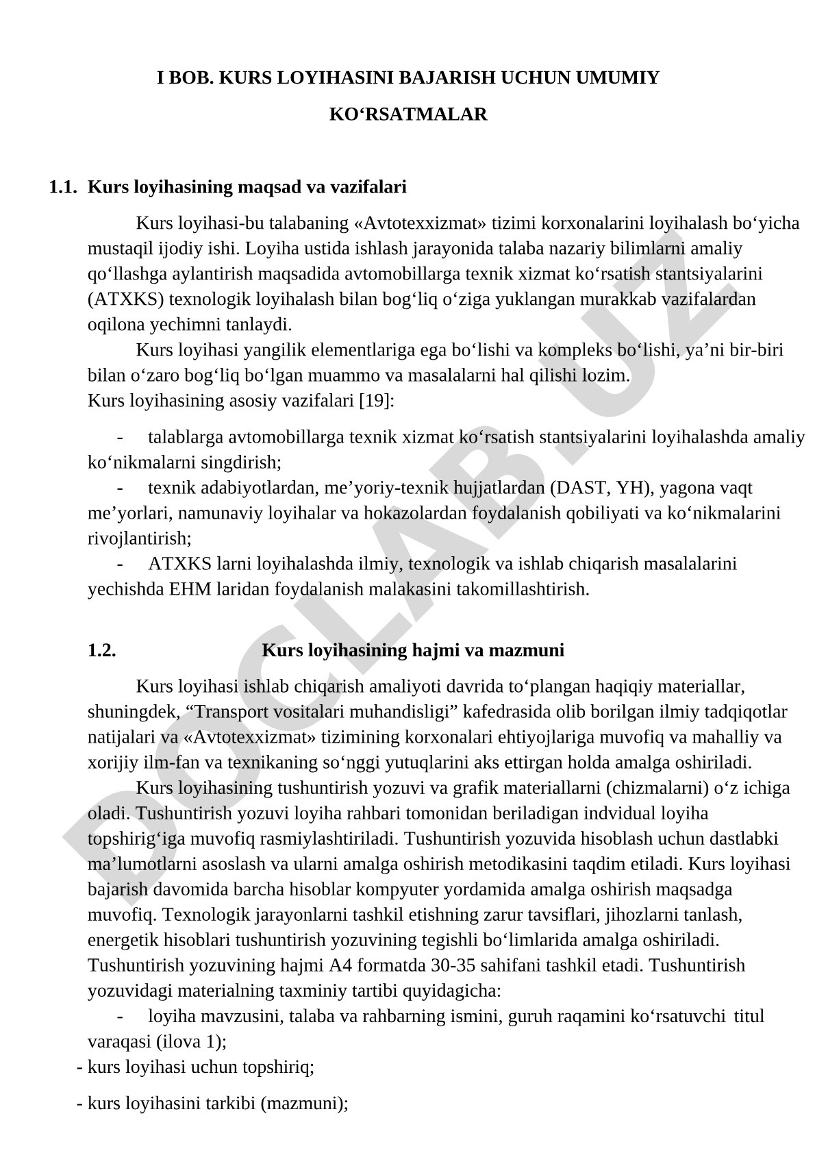 Avtotexxizmat tizimi korxonalarini loyihalash bo'yicha kurs loyihasi