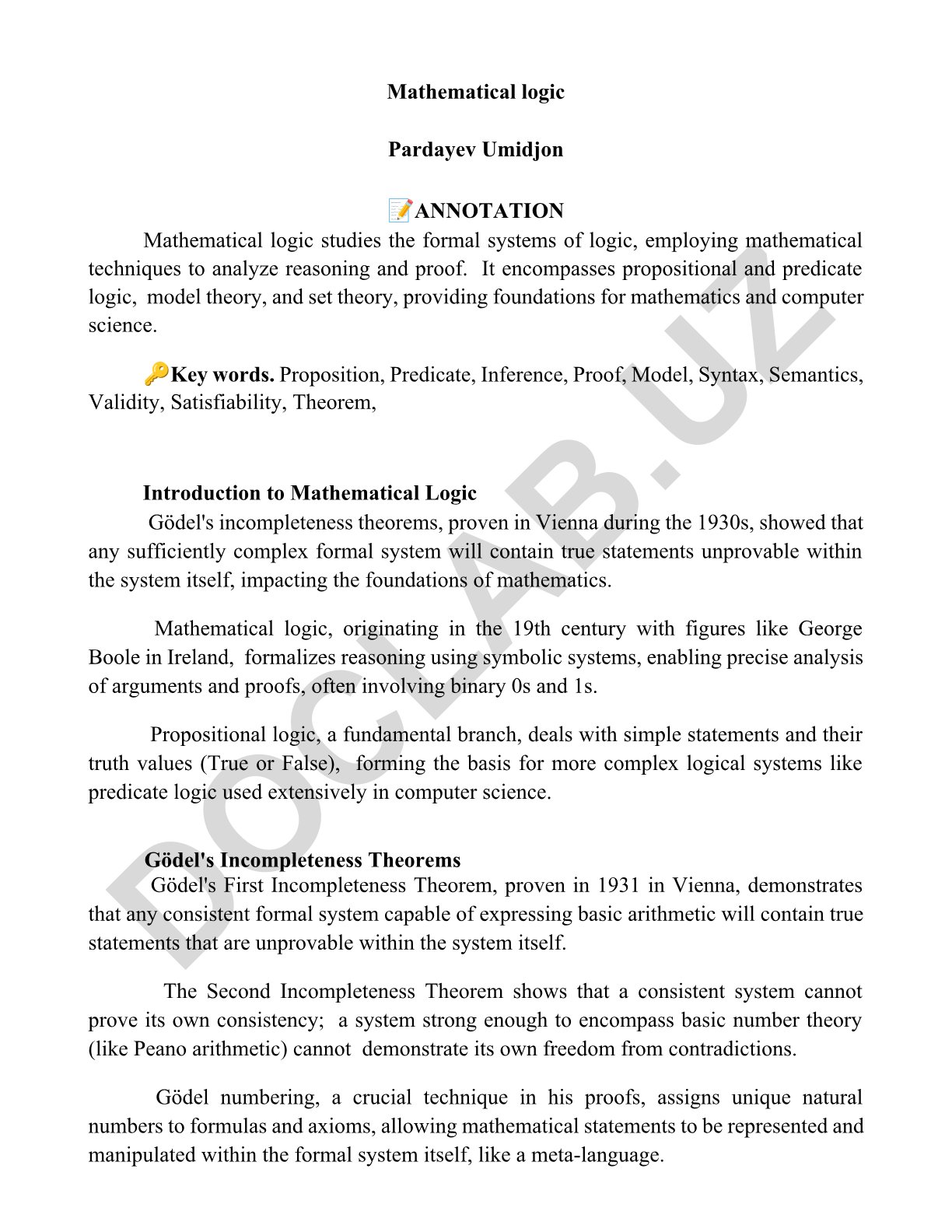 Mathematical logic: propositional and predicate logic, Gödel's incompleteness theorems