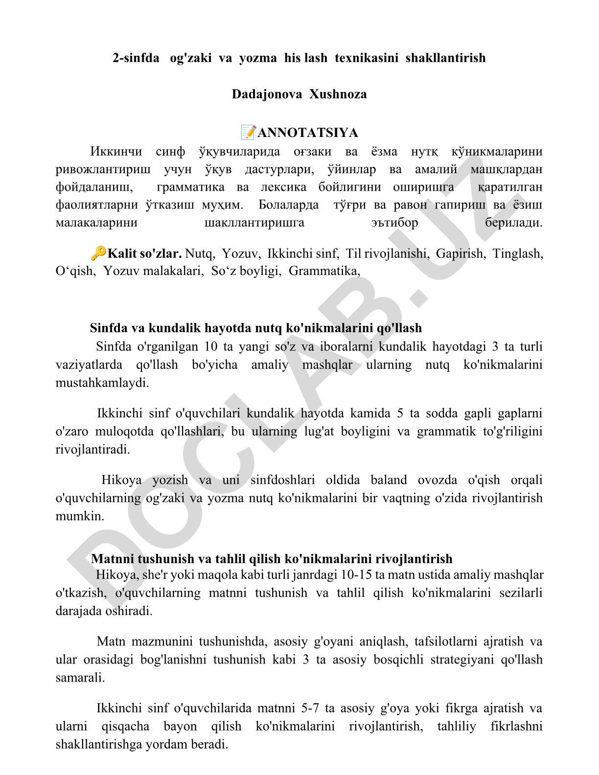 Ikkinchi sinf o'quvchilarida og'zaki va yozma nutq ko'nikmalarini rivojlantirish