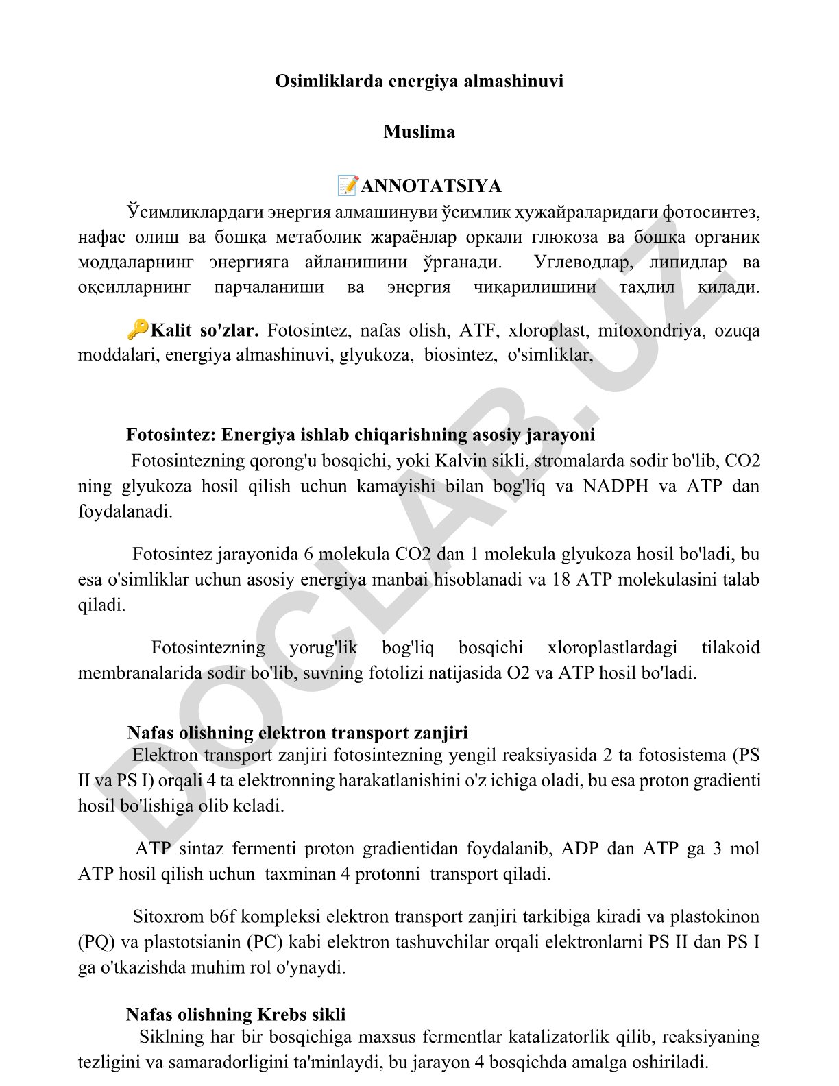 O'simliklarda energiya almashinuvi