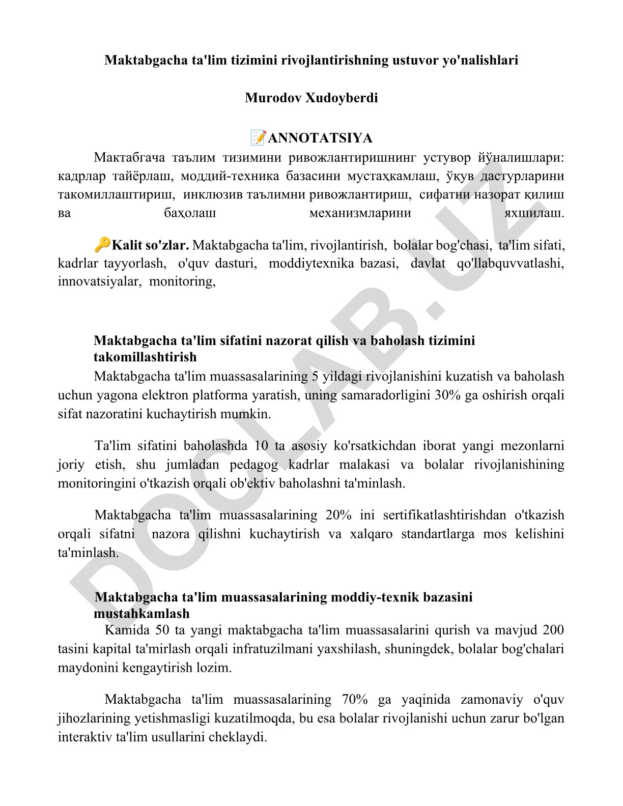 Maktabgacha ta'lim tizimini rivojlantirishning ustuvor yo'nalishlari