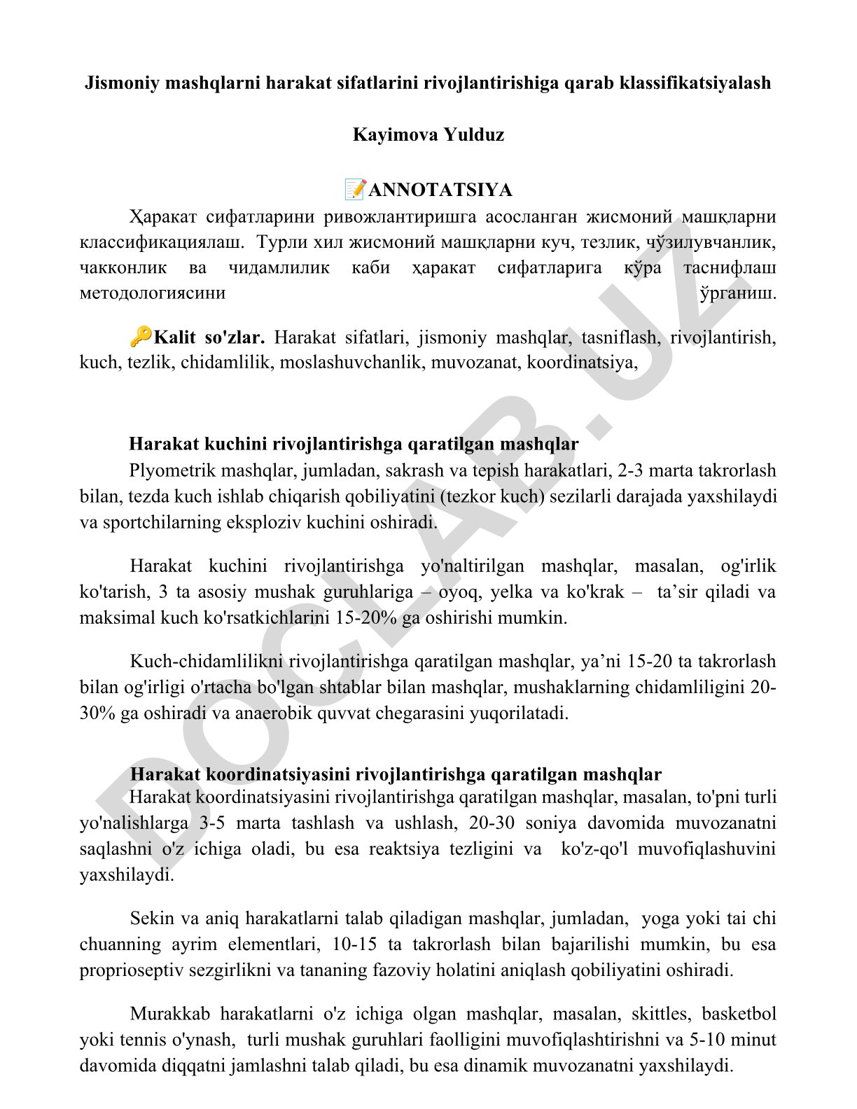 Harakat sifatlarini rivojlantirishga asoslangan jismoniy mashqlarni klassifikatsiyalash