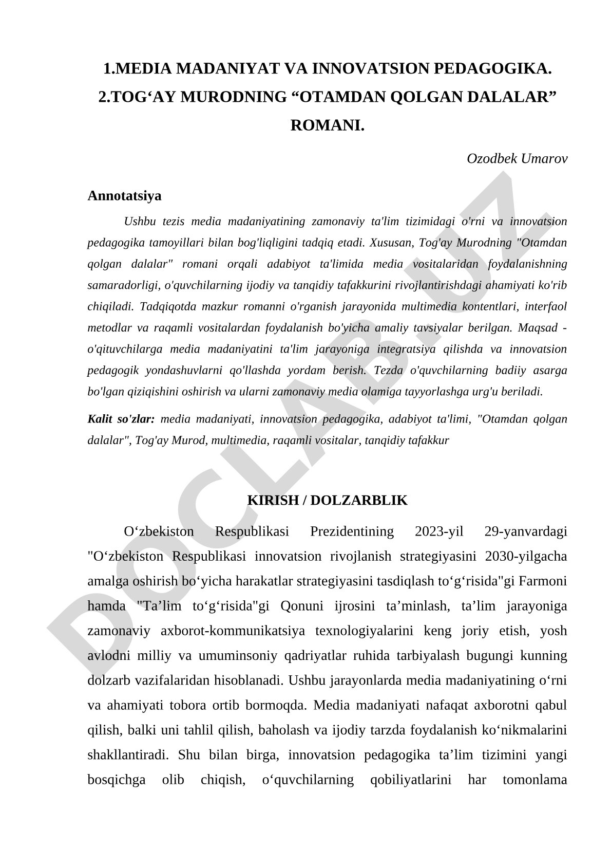 Media madaniyat va innovatsion pedagogika. Tog‘ay Murodning “Otamdan qolgan dalalar” romani