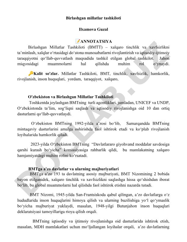 Birlashgan Millatlar Tashkiloti va O'zbekistondagi faoliyati