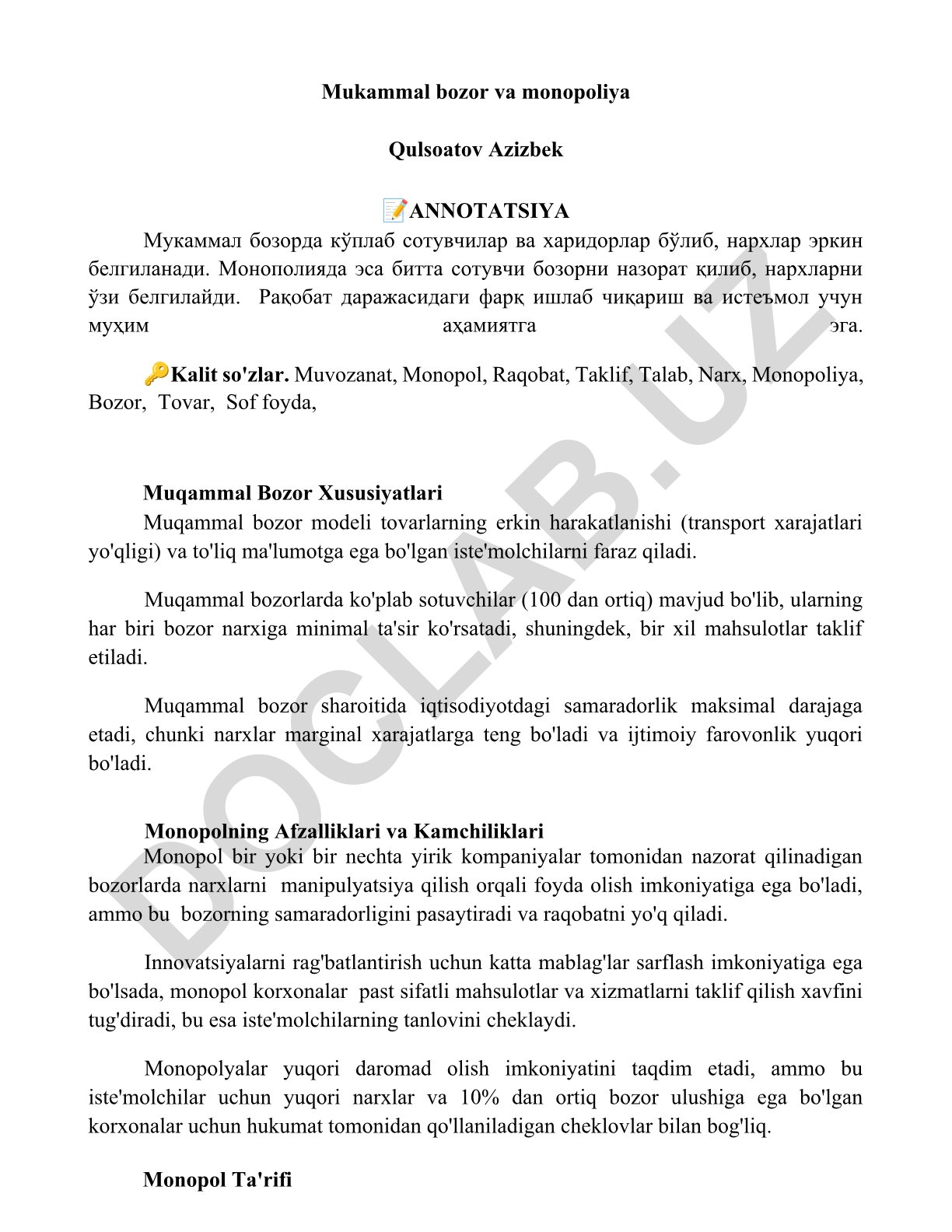 Mukammal bozor va monopoliya