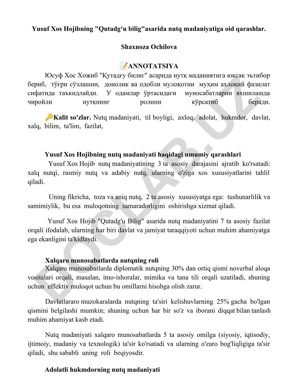 Yusuf Xos Hojibning "Qutadgʻu bilig" asarida nutq madaniyatiga oid qarashlar