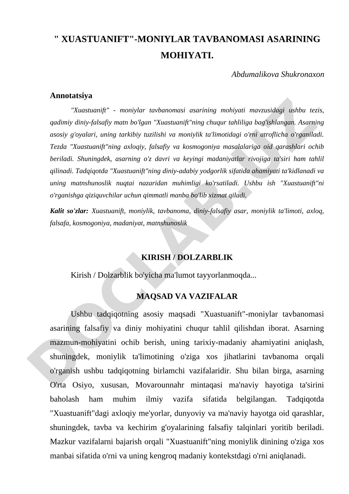 Xuastuanift - moniylar tavbanomasi asarining mohiyati