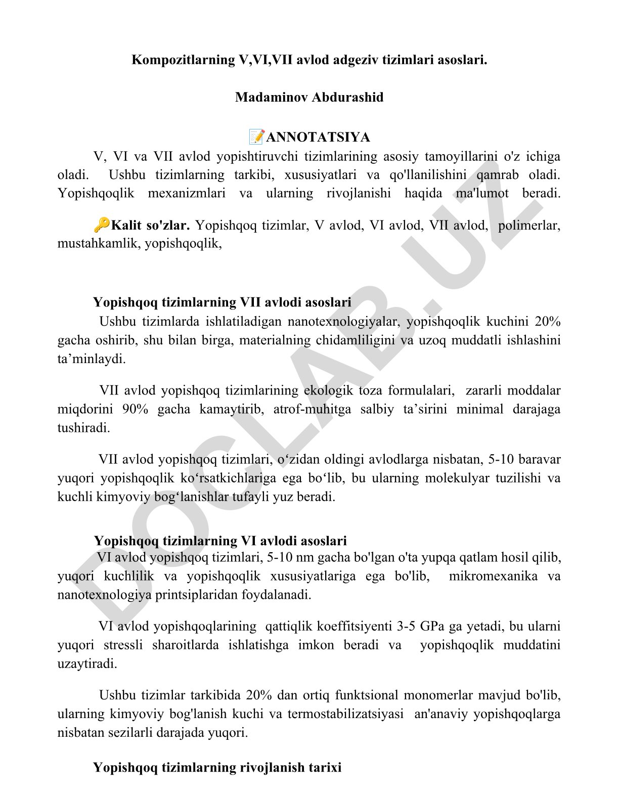 Kompozitlarning V, VI, VII avlod adgeziv tizimlari asoslari