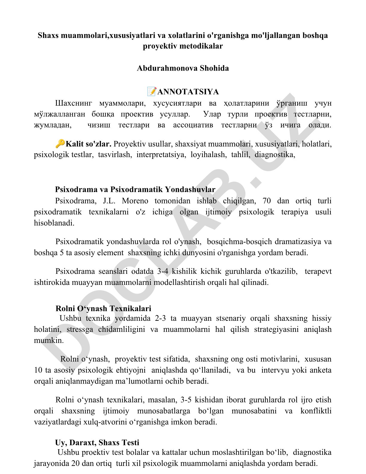 Shaxsni o'rganishda proyektiv metodikalar va psixodrama