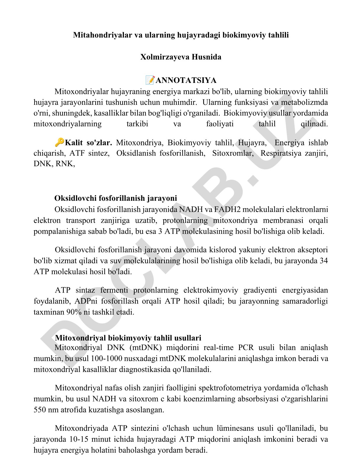 Mitoxondriyalar va ularning hujayradagi biokimyoviy tahlili