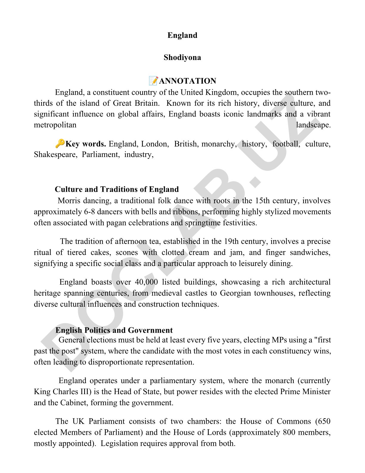 England: History, Culture, and Traditions