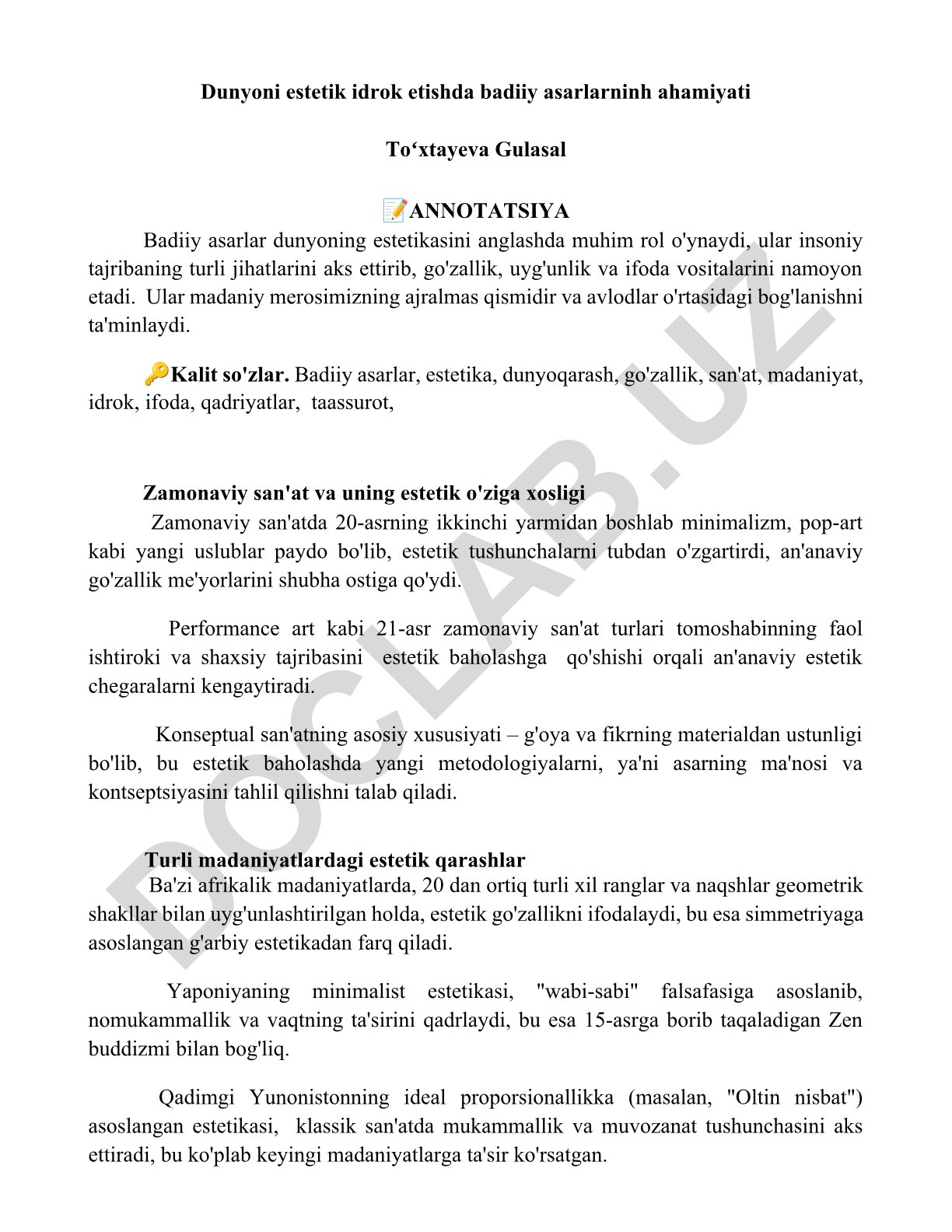 Badiiy asarlarning estetik idrok etishdagi ahamiyati