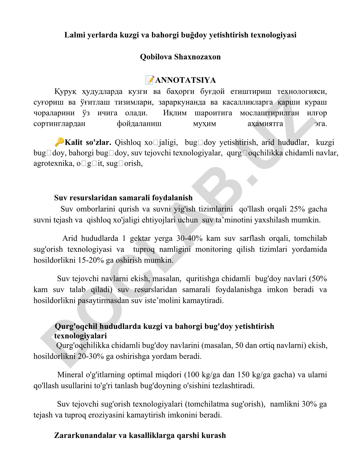Lalmi yerlarda kuzgi va bahorgi buğdoy yetishtirish texnologiyasi