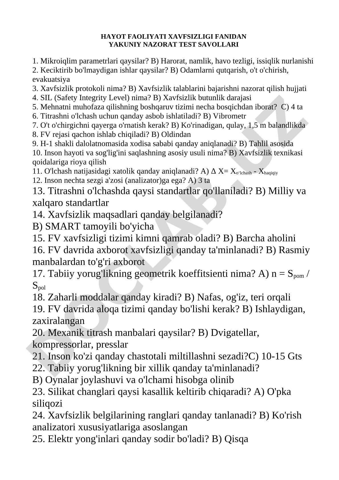 Hayot faoliyati xavfsizligi fanidan yakuniy nazorat test savollari