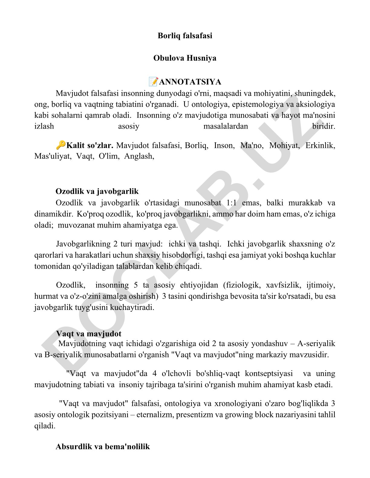 Borliq falsafasi va inson mavjudoti