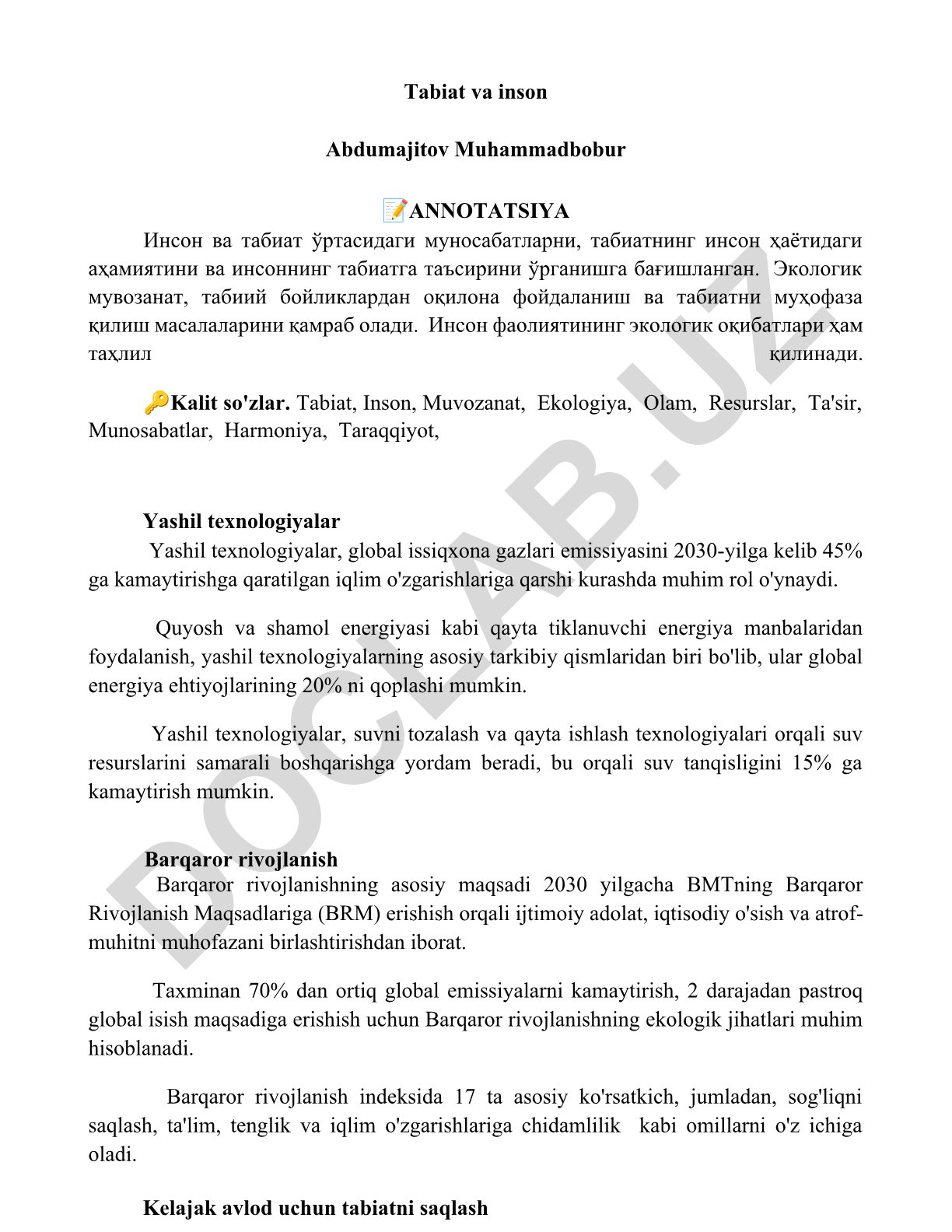Tabiat va inson o'rtasidagi munosabatlar va ekologik muvozanat