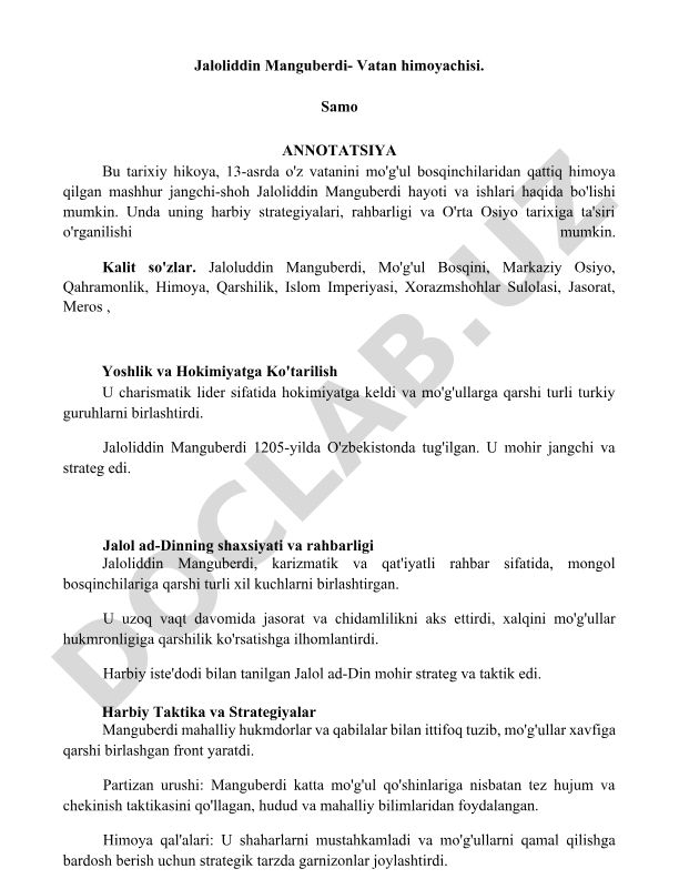 Jaloliddin Manguberdi - Vatan himoyachisi