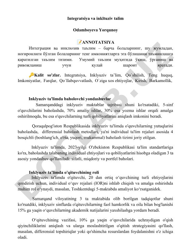 Integratsiya va inklyuziv ta'lim