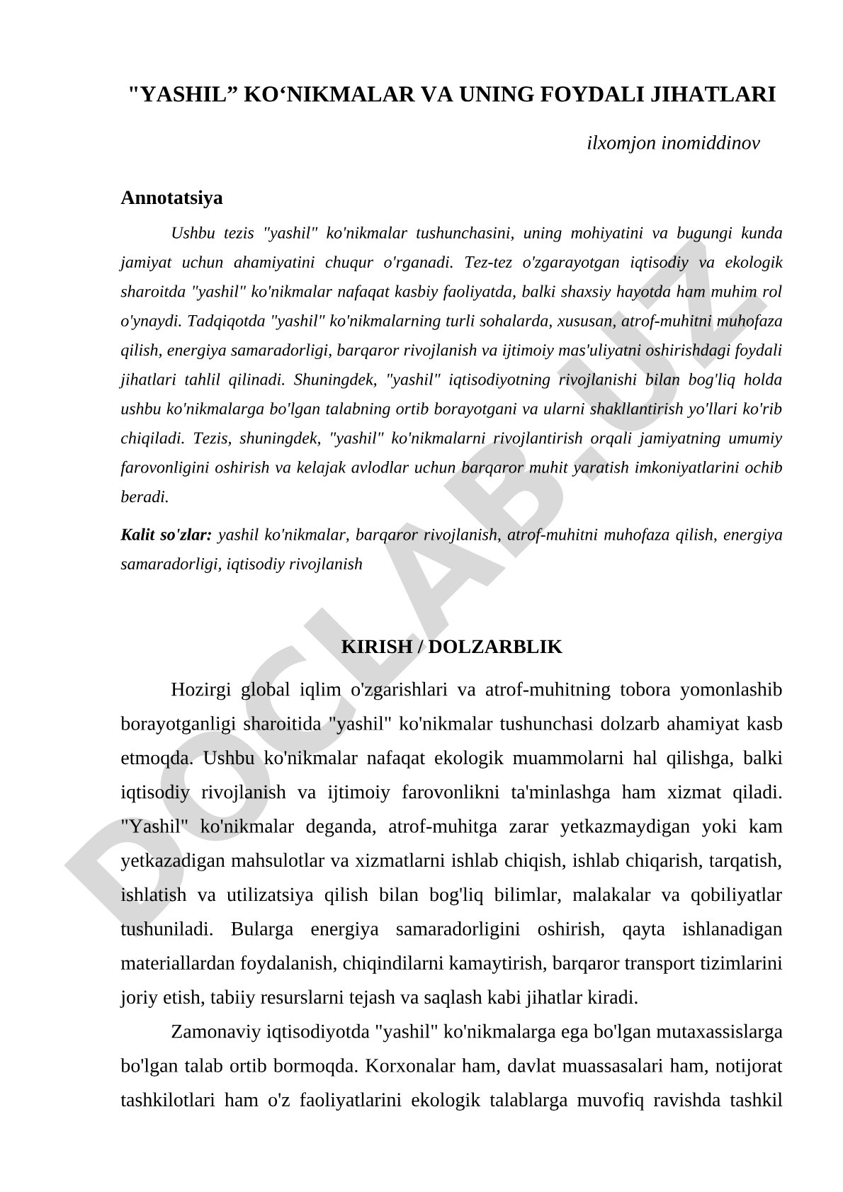 Yashil ko'nikmalar va uning foydali jihatlari