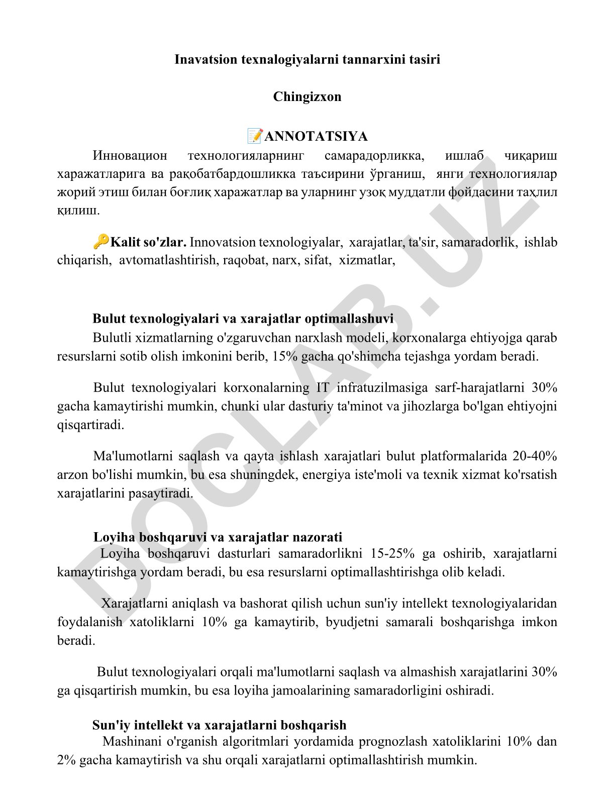 Innovatsion texnologiyalarning tannarx va samaradorlikka ta'siri