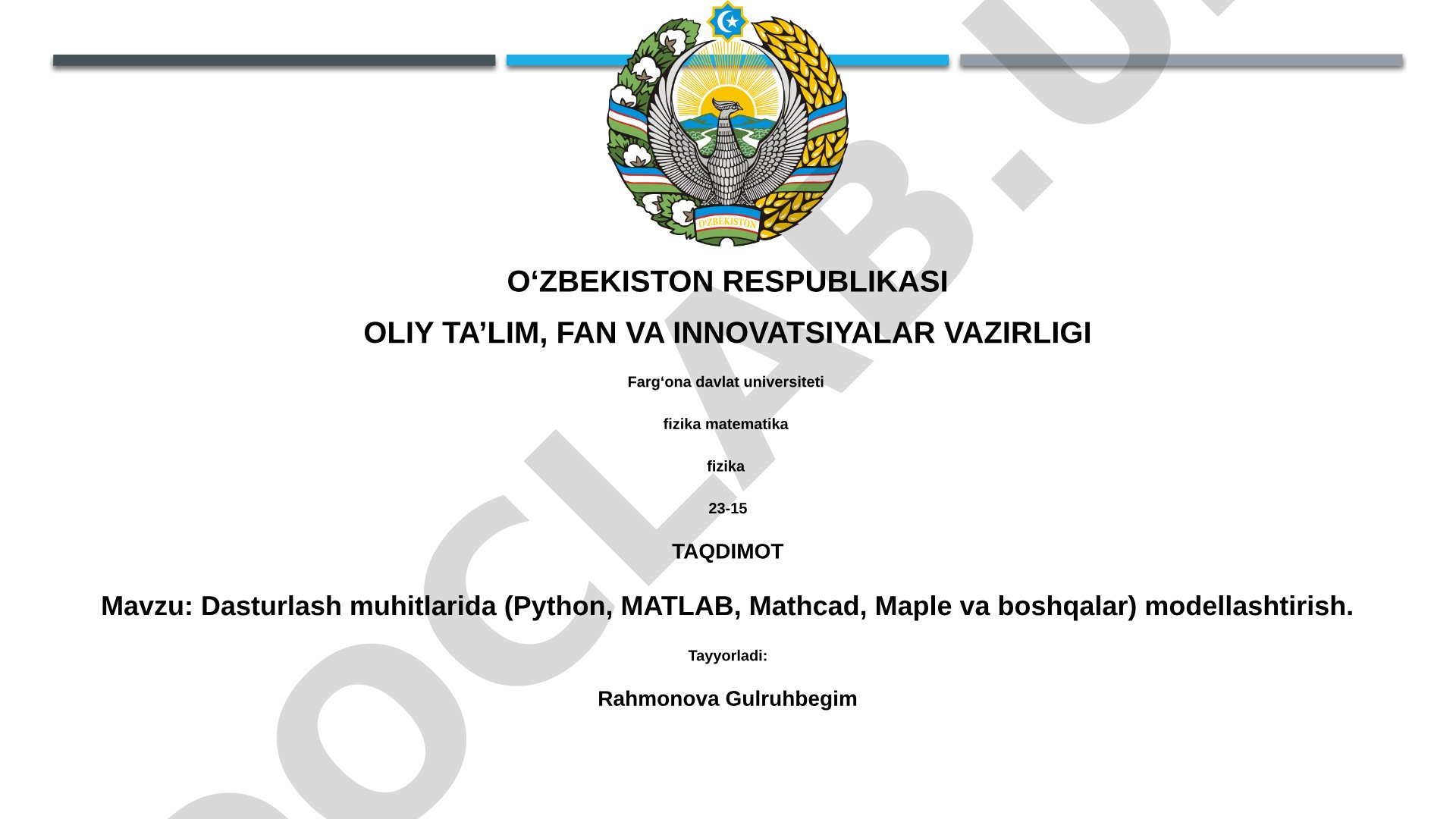 Dasturlash muhitlarida (Python, MATLAB, Mathcad, Maple va boshqalar) modellashtirish