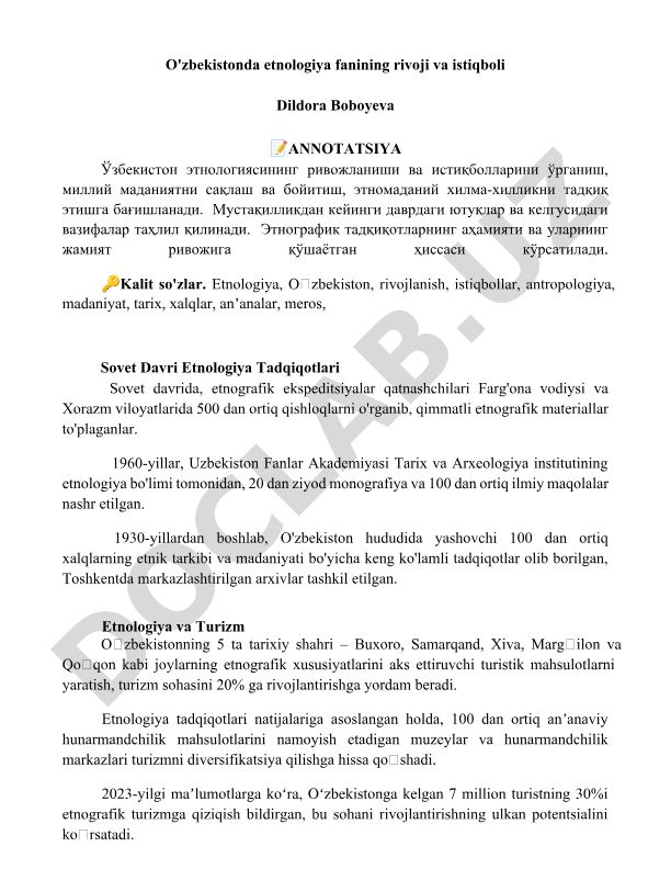 O'zbekistonda etnologiya fanining rivoji va istiqboli