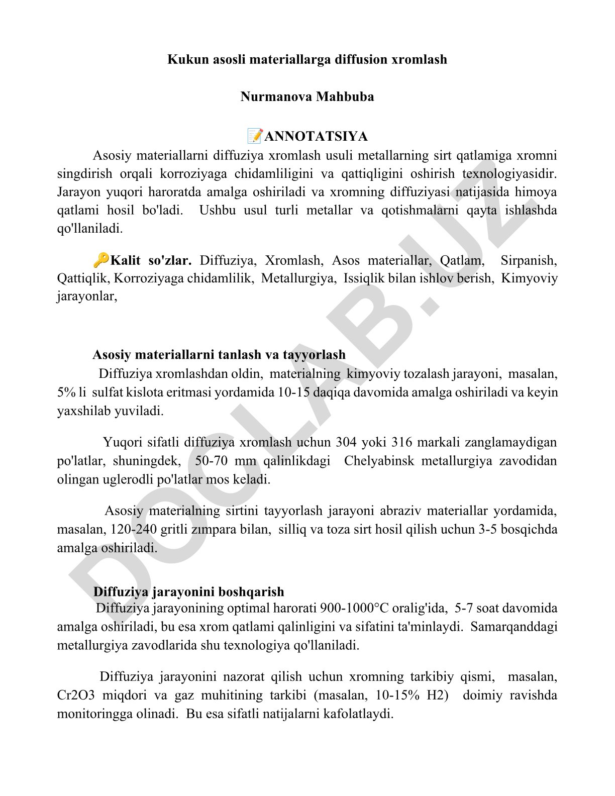Kukun asosli materiallarga diffuziya xromlash