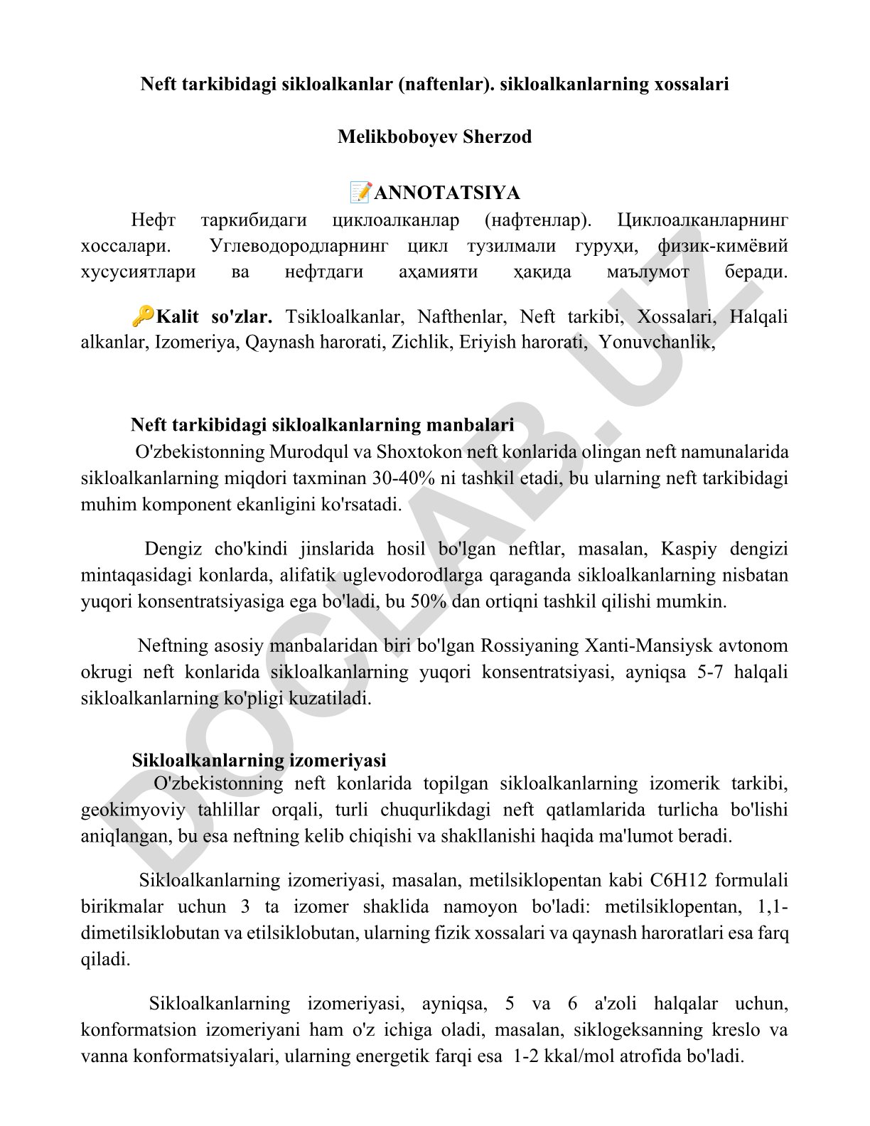 Neft tarkibidagi sikloalkanlar (naftenlar) va ularning xossalari
