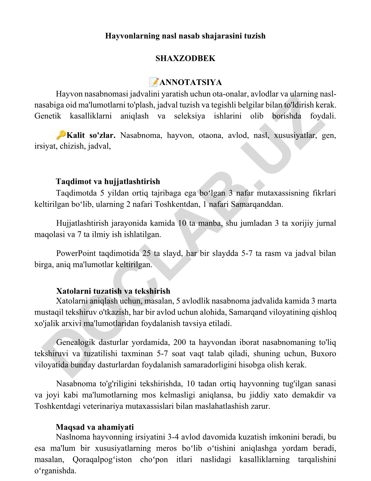 Hayvonlarning nasl nasab shajarasini tuzish