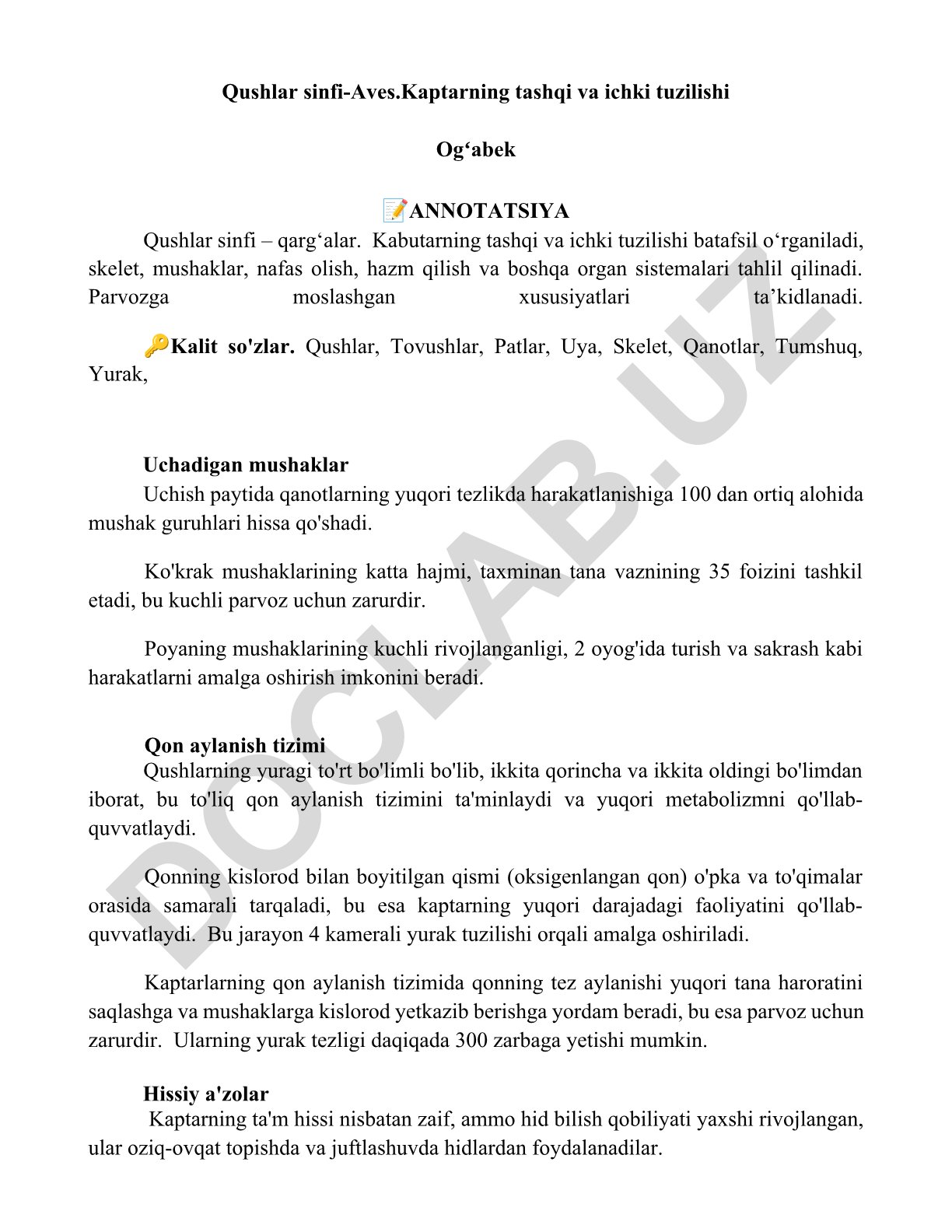 Qushlar sinfi - Aves: Kaptarning tashqi va ichki tuzilishi