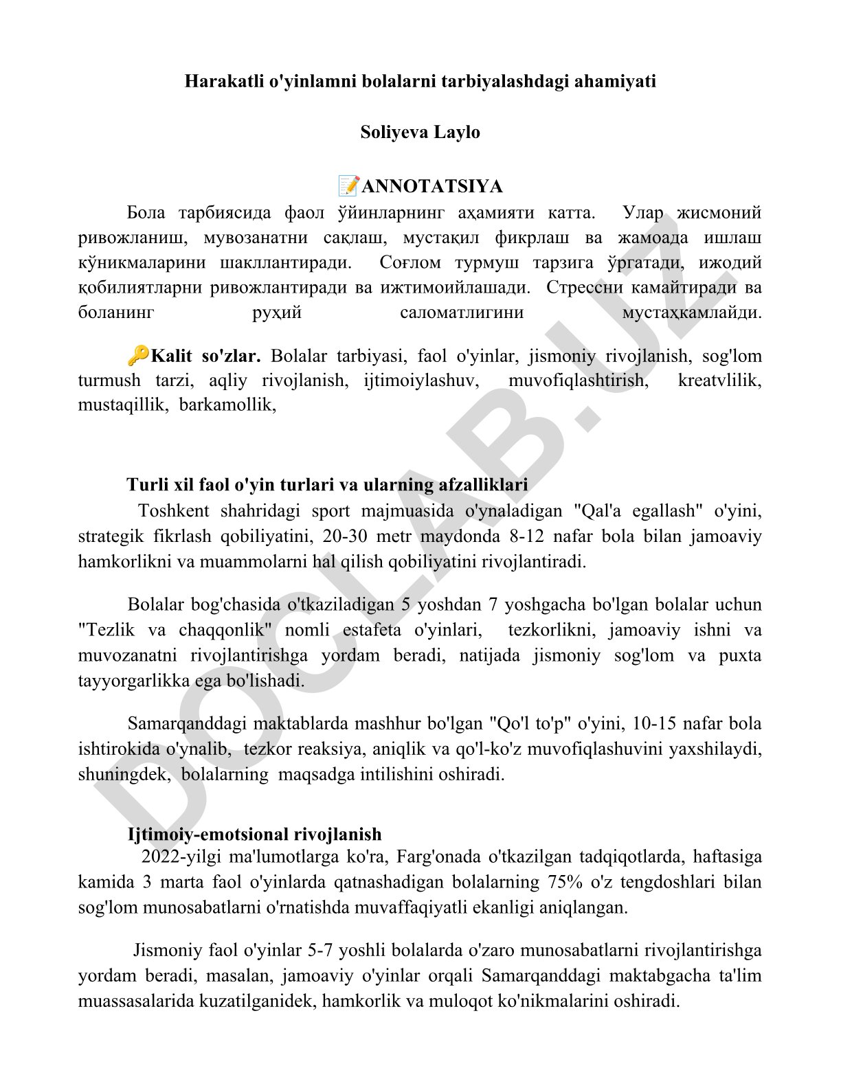 Harakatli o'yinlarning bolalar tarbiyasidagi ahamiyati