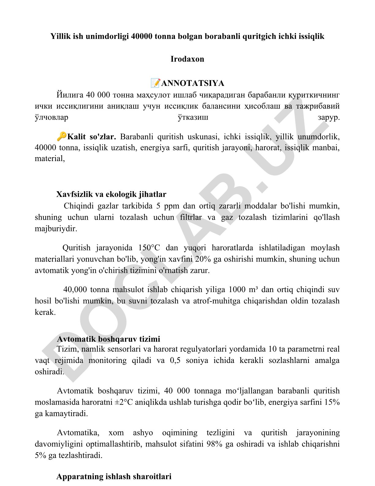 Barabanli quritgichning ichki issiqligini aniqlash va energiya sarfi