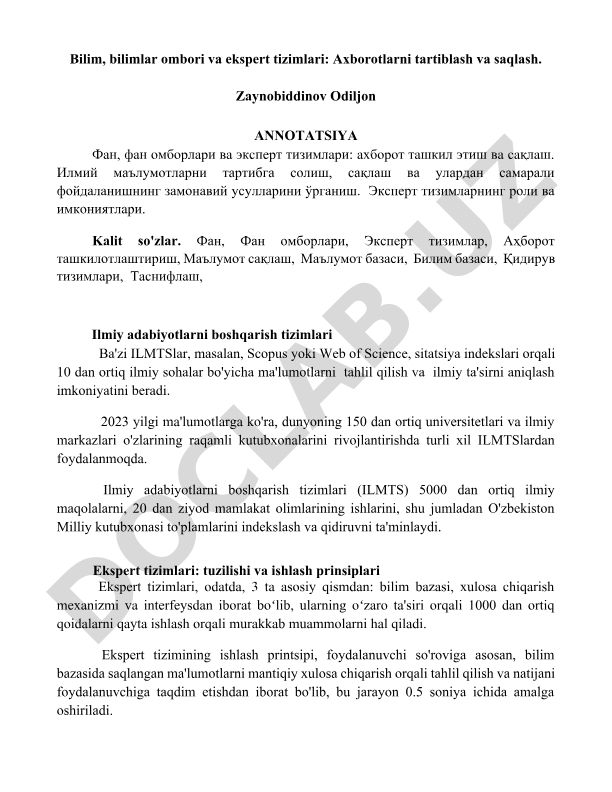 Bilim, bilimlar ombori va ekspert tizimlari: Axborotlarni tartiblash va saqlash