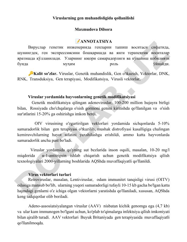 Viruslarning gen muhandisligida qo'llanilishi