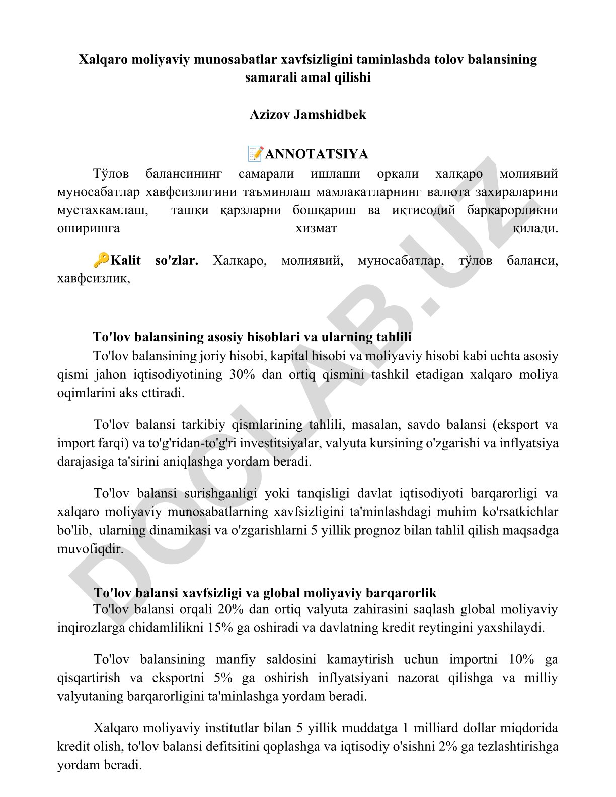 Xalqaro moliyaviy munosabatlar xavfsizligini taminlashda to'lov balansining samarali amal qilishi