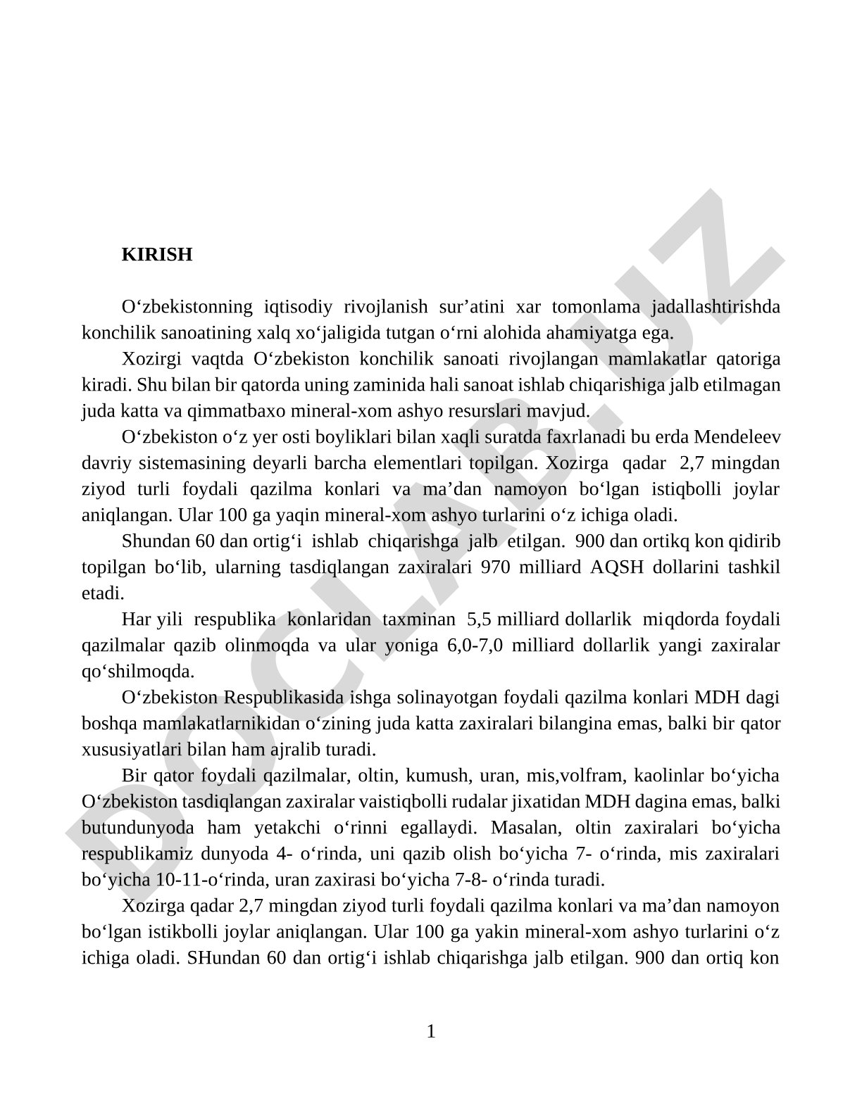 O'zbekiston konchilik sanoatining iqtisodiy rivojlanishdagi o'rni