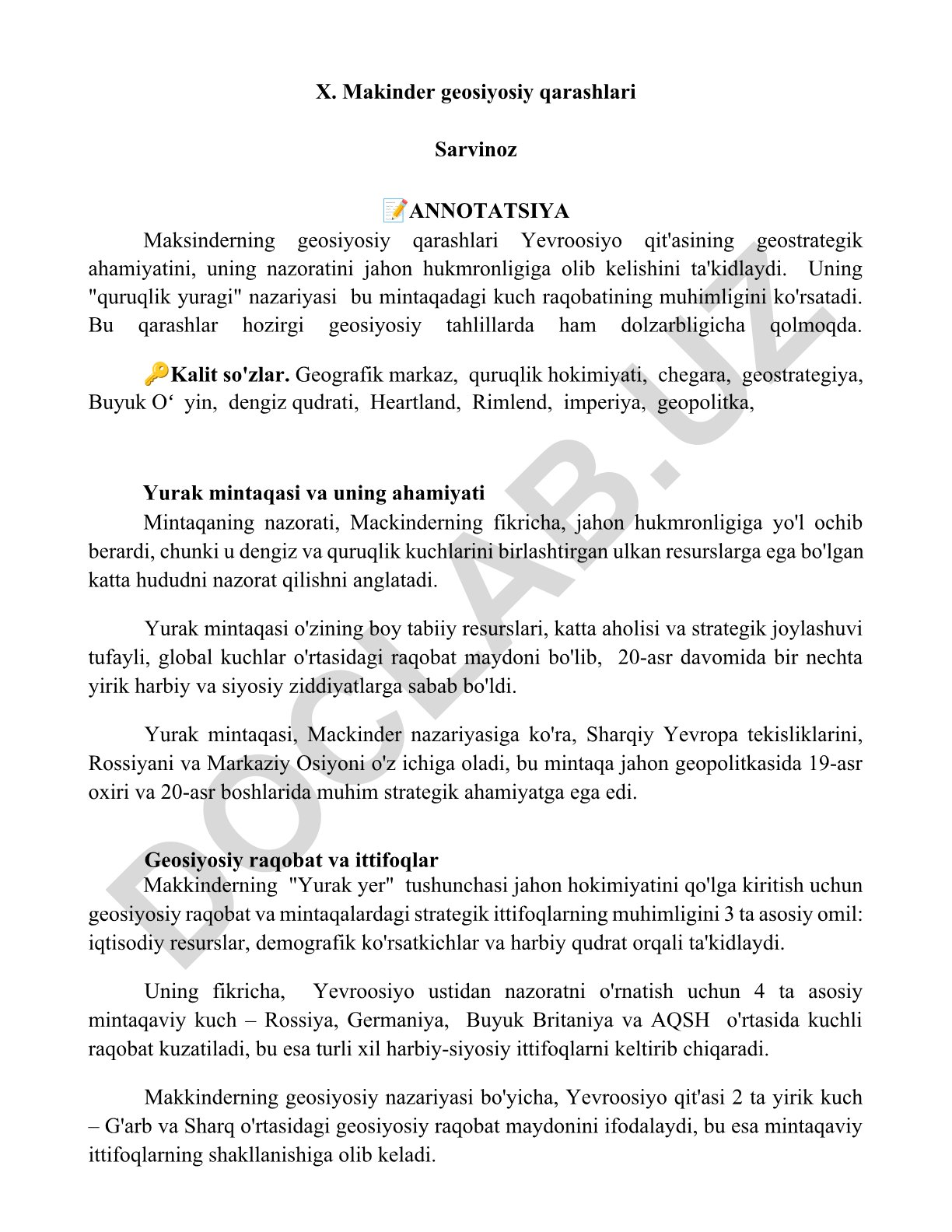 X. Makinderning geosiyosiy qarashlari va 'quruqlik yuragi' nazariyasi