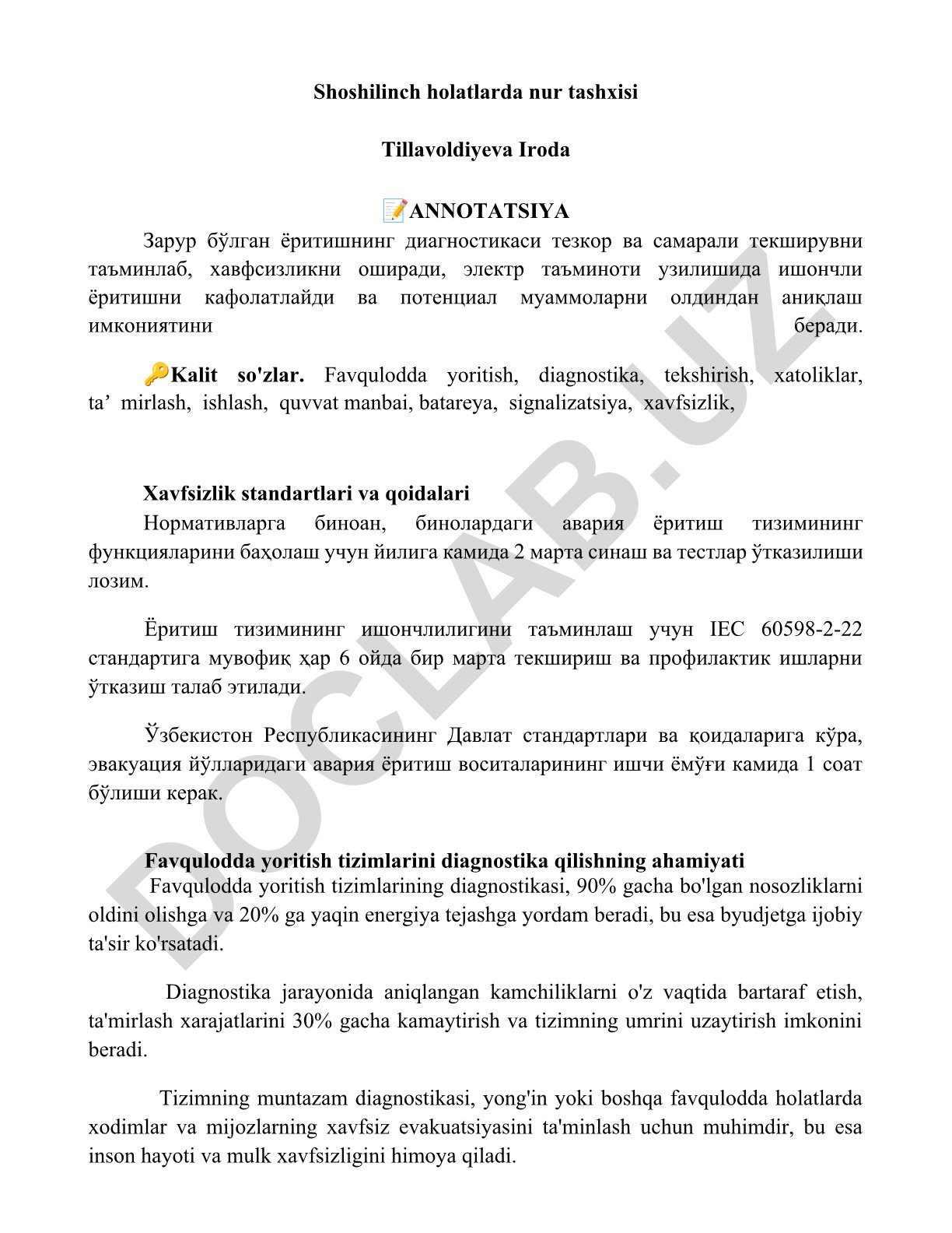 Favqulodda yoritish tizimlarini diagnostika qilish
