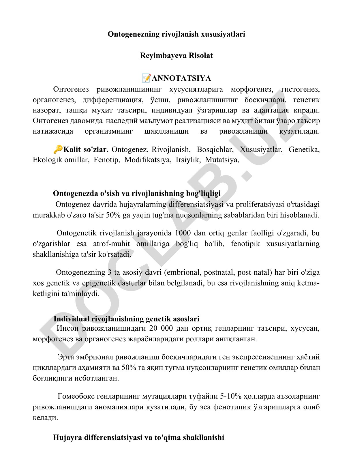 Ontogenezning rivojlanish xususiyatlari