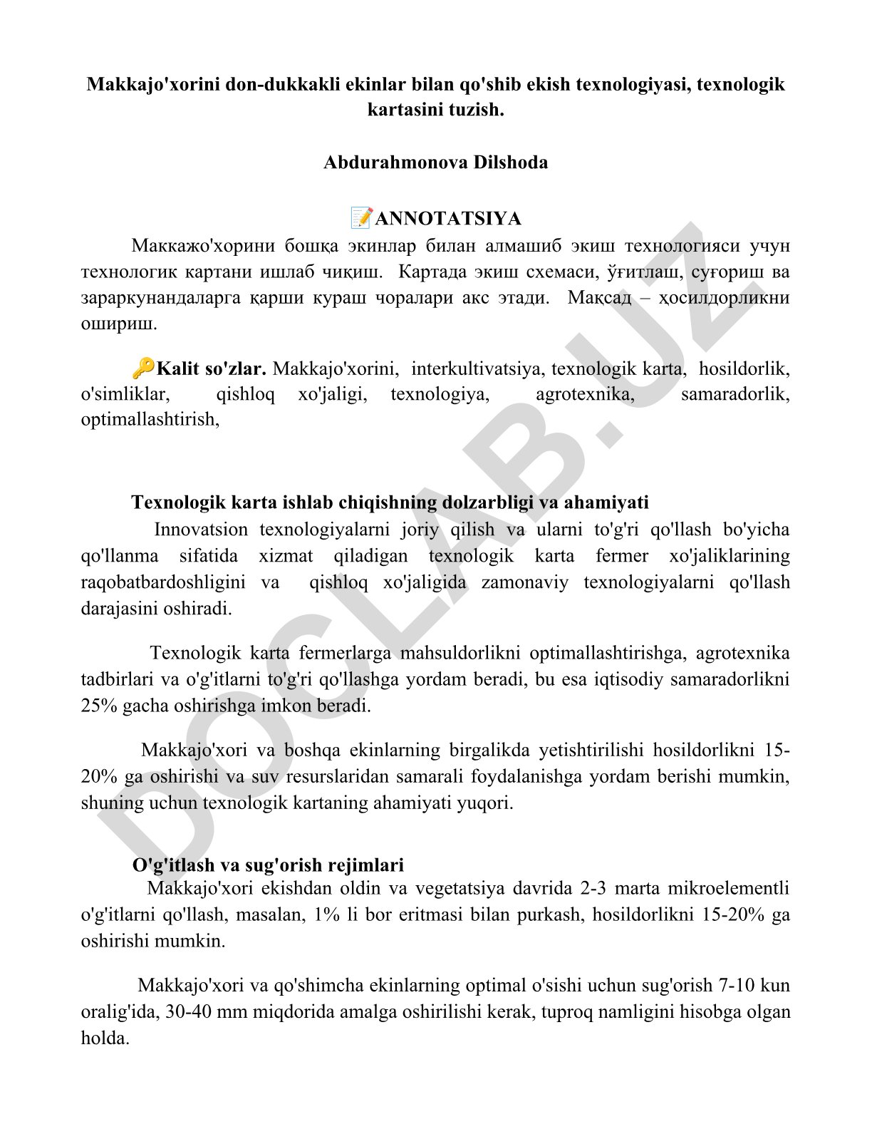 Makkajo'xorini don-dukkakli ekinlar bilan qo'shib ekish texnologiyasi va texnologik kartasini tuzish
