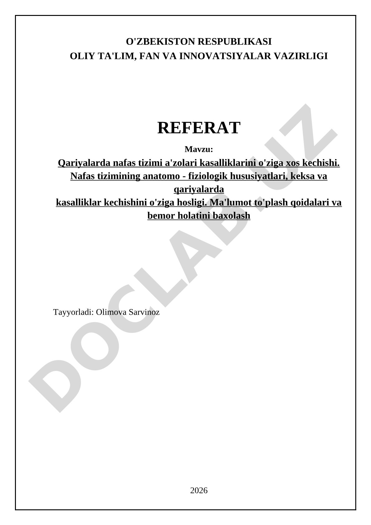 Qariyalarda nafas tizimi a'zolari kasalliklarini o'ziga xos kechishi