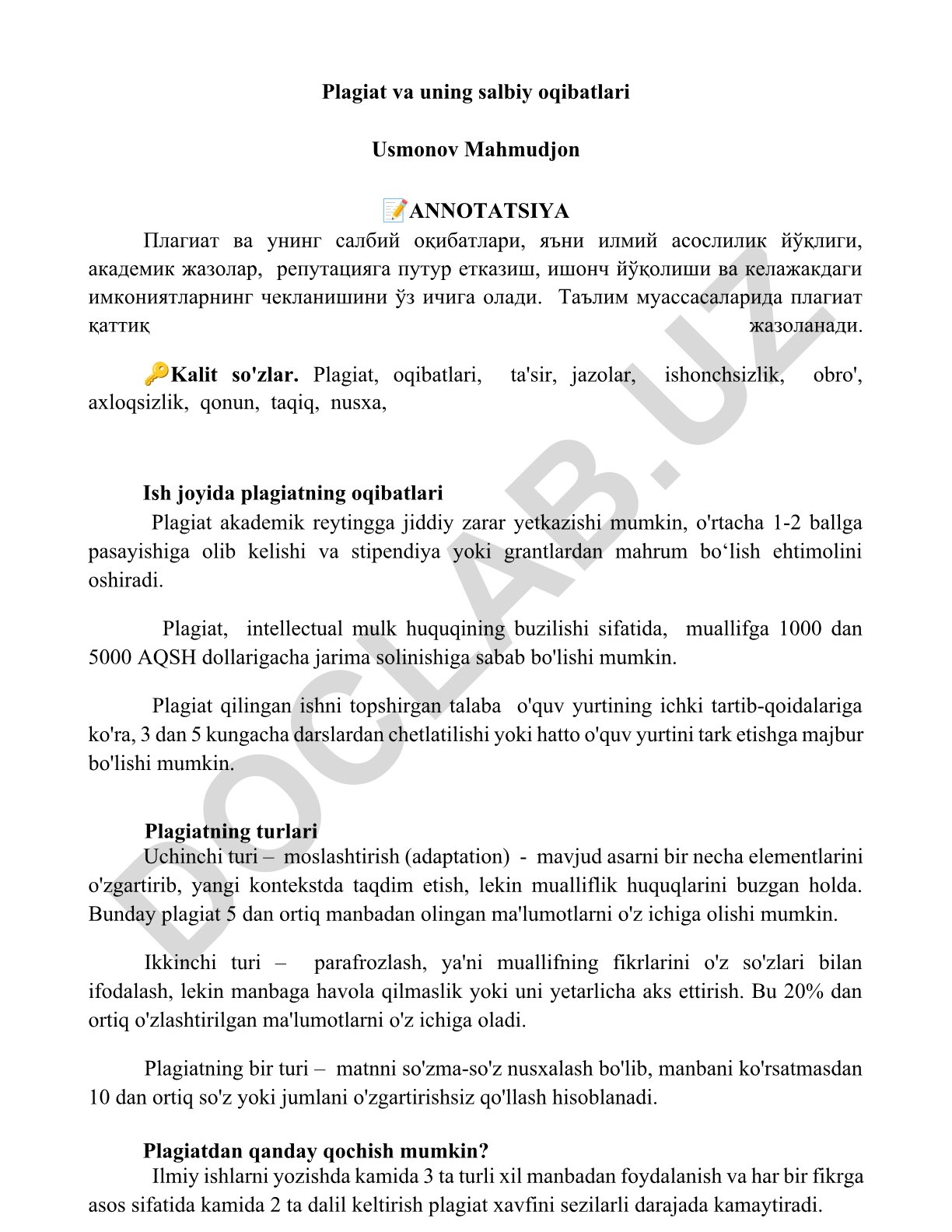 Plagiat va uning salbiy oqibatlari