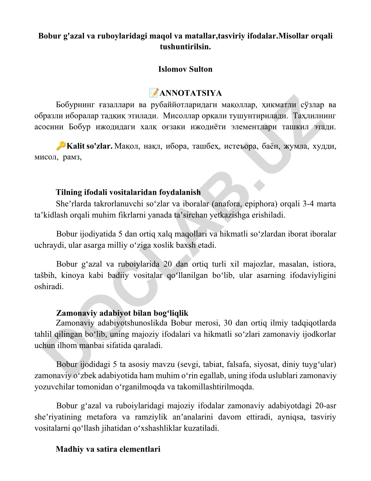 Bobur g'azal va ruboylaridagi maqol va matallar, tasviriy ifodalar